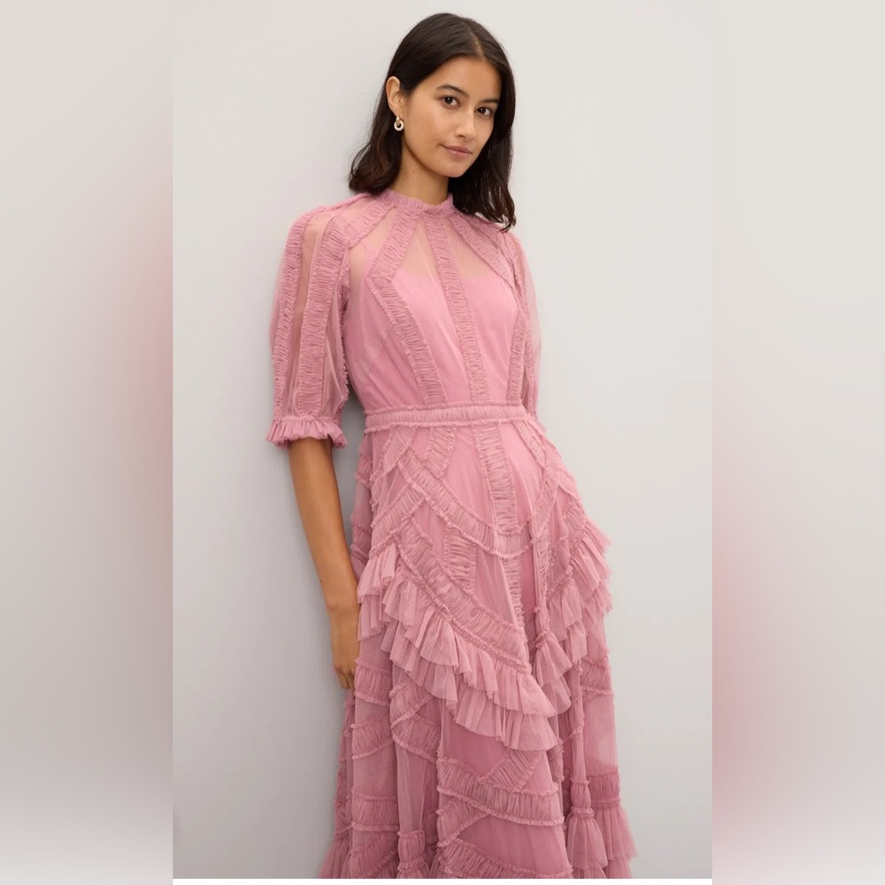 Mac Duggal Mauve Pink Lace-Trim Midi Dress - Picture 3 of 14